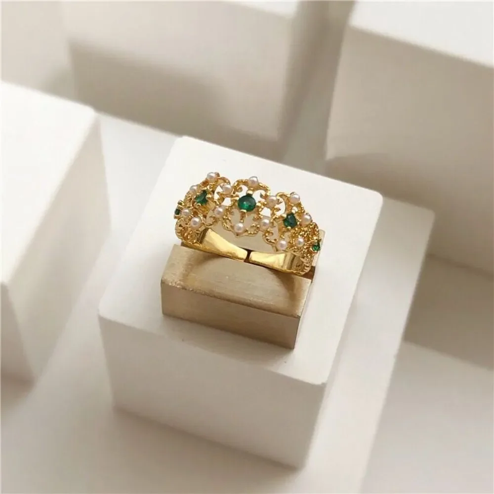 18K Gold Plated Filigree Lace Cutout Emerald Green Pearl Open Statement Ring